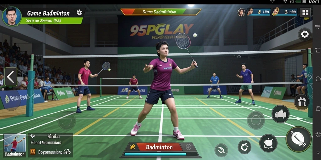 Antarmuka <strong>95PGPLAY</strong> menampilkan lapangan badminton yang menarik dan interaktif.