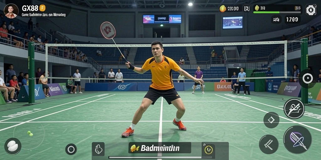 Tampilan antarmuka GX88 dengan aksi permainan Badminton yang seru.