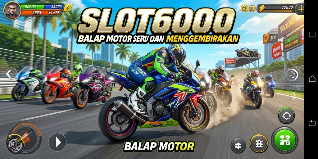 Antarmuka SLOT6000 menampilkan motor dan lintasan balapan yang memukau.
